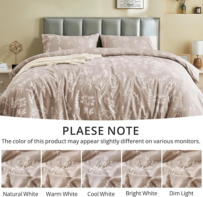 MUXHOMO Duvet Cover King Size, Reversible Floral Taupe Duvet Cover Set with Zipper Closure, 3 Pieces Botanical Patterns Soft Microfiber Bedding Set with 4 Ties (90"x104", 2 Pillow Cases)