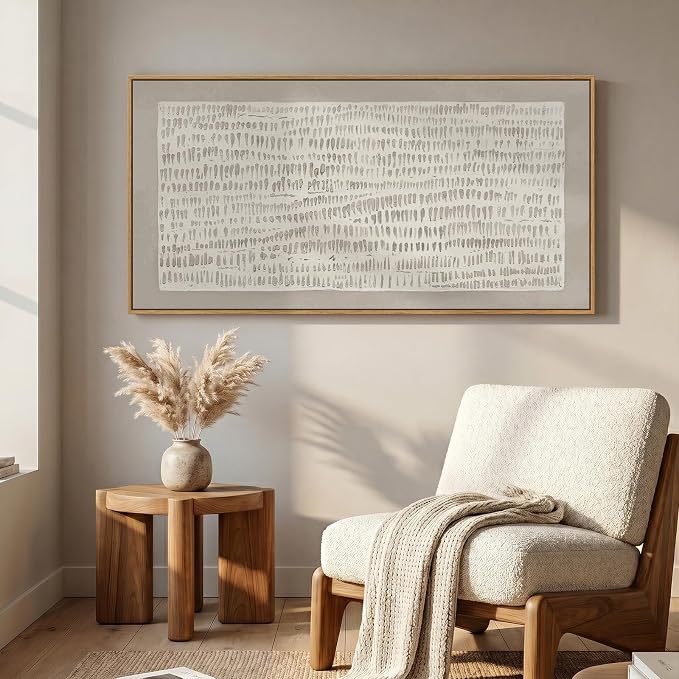 Large Framed Beige Abstract Wall Art for Living Room, Horizontal 60x30 In | Organic modern neutral pictures, Canvas prints, Wood frame, Wabi Sabi minimalist paintings, Wall decor for bedroom dining