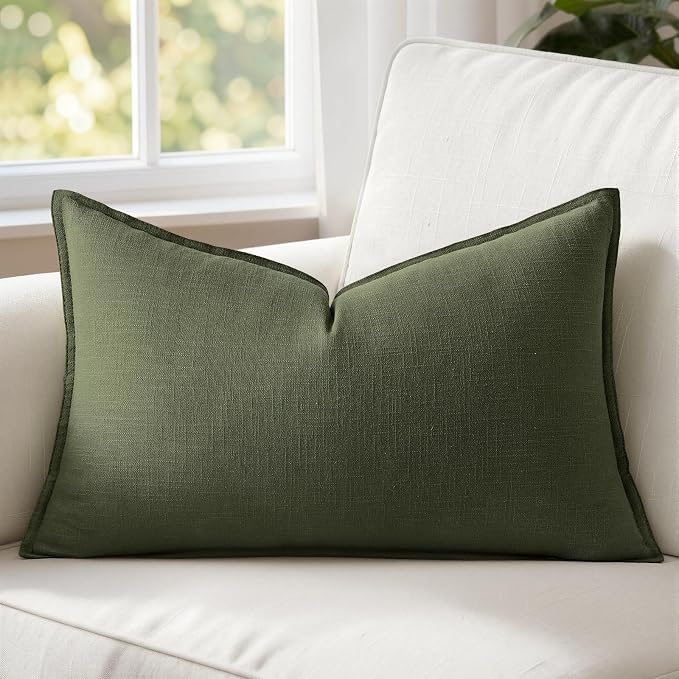 MIULEE Decorative Linen Lumbar Pillow Cover 12x20 Inch Dark Olive Green | Boho Farmhouse Neutral Couch Long Throw Pillow for Bed, Pack of 1 Accent Modern Pillowcase, Sofa Livingroom Home Decor