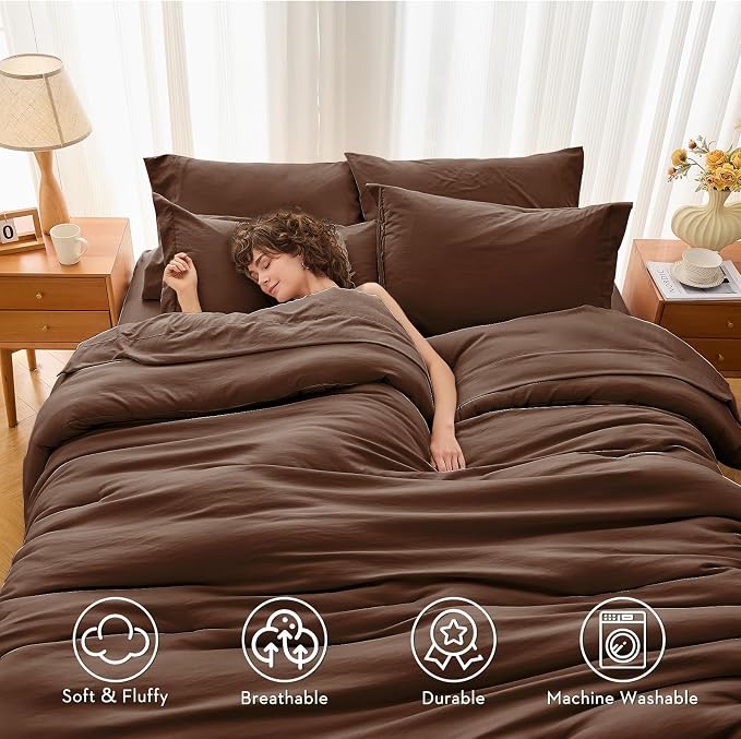 5 Pieces Twin Comforter Set, Soft Bed in a Bag Twin Size, All Season Bedding Set with Comforter, Flat Sheet, Fitted Sheet, Pillowcases & Shams, Brown
