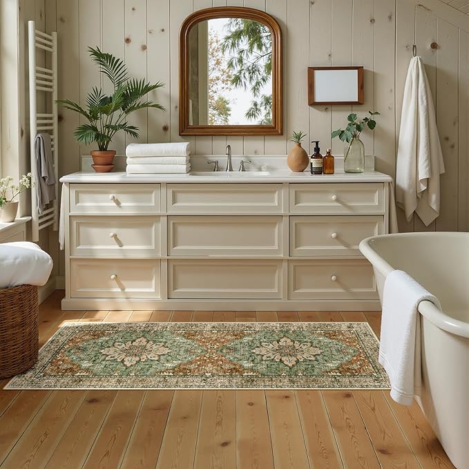 RELEANY Washable Area Rug, Runner 2'x5', Brick/Brown/Green | Non-Slip, Water Repellent, Pet Friendly, Easy to Clean, Vintage Floral Boho Decor for Kitchen Entry Bedroom Bedside Laundry