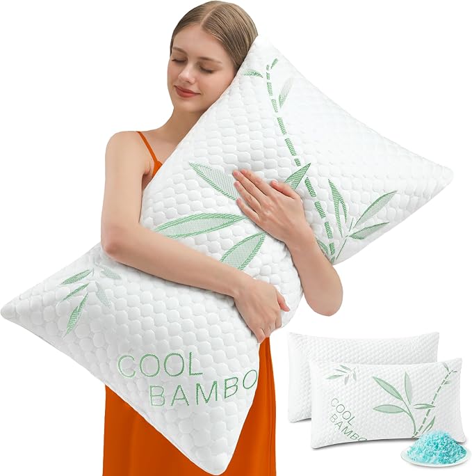 Cooling Pillows, Shredded Memory Foam Pillows King Size Set of 2 Adjustable Firm Bamboo Bed Pillows for Hot, Side, Back and Stomach Sleepers