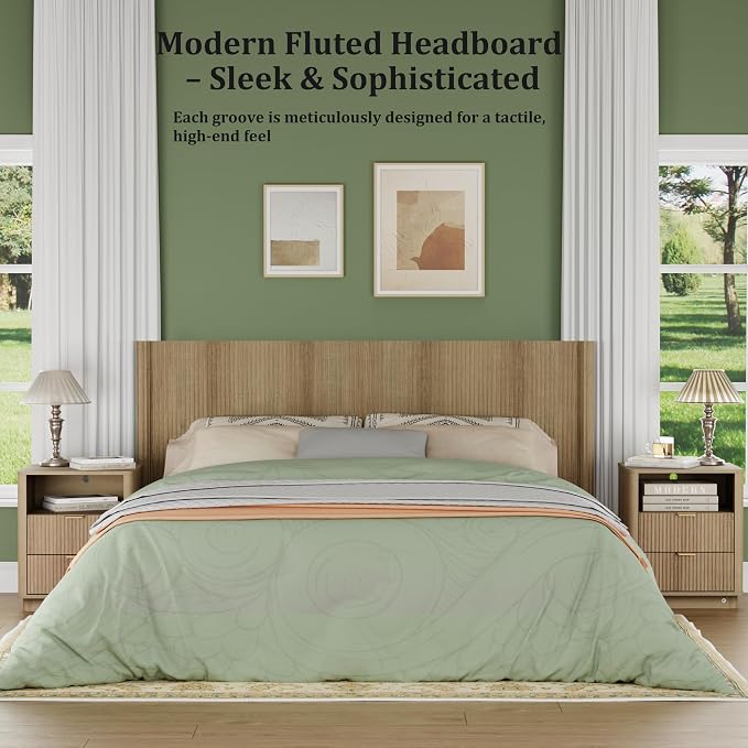 King Size Headboard Only, Modern Fluted Wall-Mounted Head Board with Lighting, Boho Wood Bed headboard Stylish Bedroom Decor, Natural