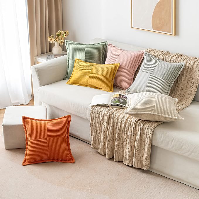 MIULEE Decorative Lumbar Throw Pillow Covers 12x20 Inch Mustard Yellow | 2 Pack, Boho Broadside Striped Patchwork Pillow Covers, Soft Corduroy Cushion Cases, For Couch Sofa Bed Livingroom Home Decor
