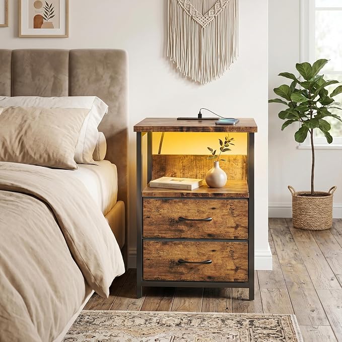 Fixwal Night Stand with Charging Station, Led Nightstand, 2 Fabric Drawers | rustic brown, built-in bedside charger, 2 AC outlets & 2 USB ports, open top shelf, small bedroom furniture, end table