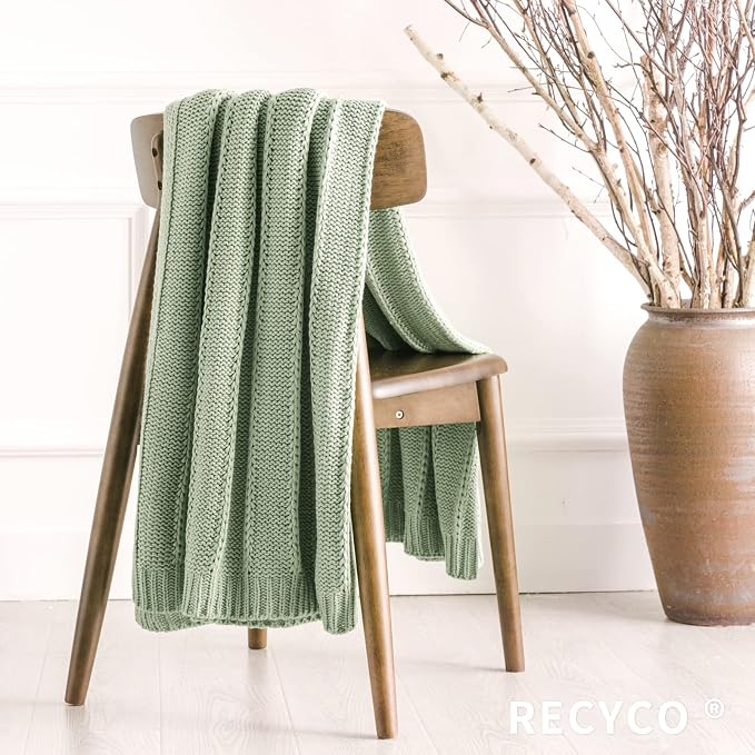 RECYCO Cable Knit Throw Blanket, Sage Green, 60"x80" | 3.6LB, Soft Lightweight Warmth Layer, Breathable All Season Use, Decorative Home Accent, for Couch, Bed, Sofa
