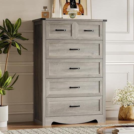 BORNOON Tall 6-Drawer Dresser for Bedroom, Modern Wooden Chest of Drawers with Metal Handles, Anti-Tipping Design, Sturdy and Stable Storage Organizer for Living Room, Entryway, Home Office, Standard