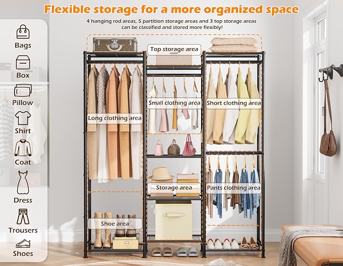 HOMIDEC Wardrobe Closet, 4 Hanging Spaces Portable Clothes Rack | Free Standing Closet Organizer and Storage System with Hanging Rods,Clothing Rack Suitable for Cloakroom,Bedroom,etc.Black