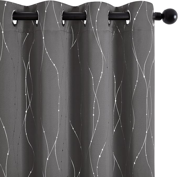 Deconovo 100% Blackout Living Room Curtains 84 Inches Long, Black Backing | Silver Line Foil Pattern Drapes, Thermal Insulated, Room Darkening, Grommet, 2 Panels Set, Light Grey, 52 x 84 Inch
