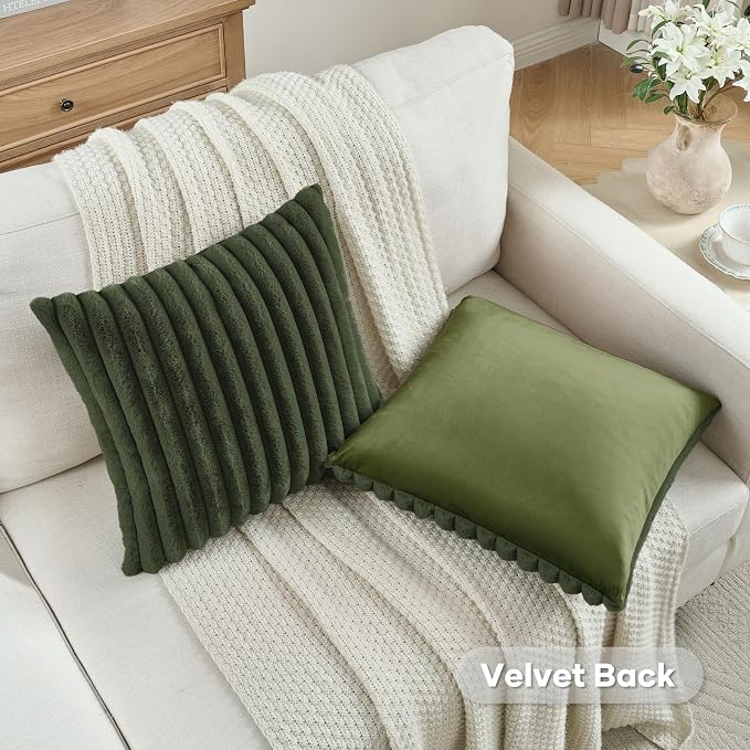 FUTEI Pack of 2 Faux Fur Throw Pillow Covers 12x20 Inch, Olive Green | Fluffy Faux Rabbit Fur Front/Premium Velvet Back,Hidden Zipper,Machine Washable,Non-Shedding,Colorfast,Insert Not Included.