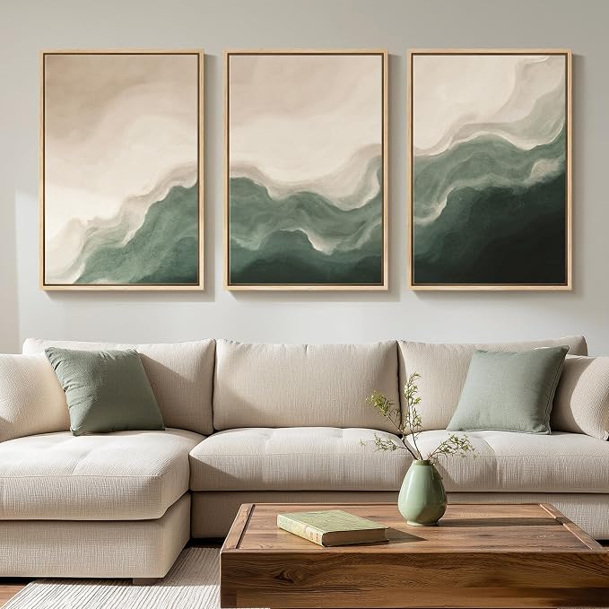 Large Framed Green and Beige Abstract Wall Art, 3 Piece Set, Each 20x30 In | Modern neutral picture, Canvas prints, Minimalist painting, Artwork for walls, Wall decor for living room dining room bedroom