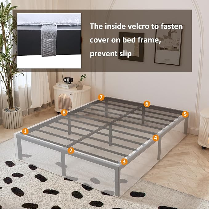 Maenizi 14 Inch Full Bed Frame with White Fabric Cover, Heavy Duty Metal Bed Frame Full, No Box Spring Needed, Support Up to 3000 lbs, Easy Assembly, Noise Free, Black