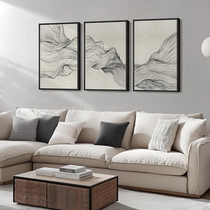 Framed Black and Beige Neutral Abstract Wall Art for Living Room, 3 Piece | Large Modern Canvas Prints Paintings, Minimalist Artwork for Walls, Lines Pictures for Office Hallway Wall Decor 24x36 Inch