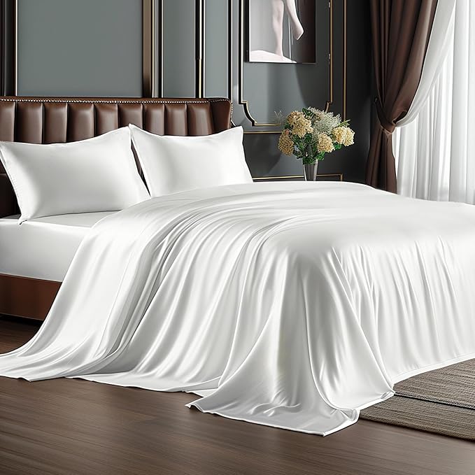 BEDELITE Satin Sheets Twin Size Bed Set, White, 3 Pieces | Luxury Silky Bed Sheets, 15 Inch Deep Pocket, Similar to Silk, Soft and Cooling, Reduces Friction, Gentle on Hair and Skin