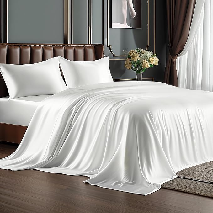 BEDELITE Satin Sheets King Size Bed Set, White, 4 Pieces | Luxury Silky Bed Sheets, 15 Inch Deep Pocket, Similar to Silk, Soft and Cooling, Reduces Friction, Gentle on Hair and Skin