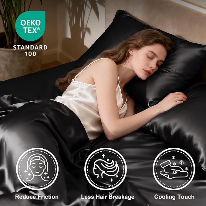 Love's cabin Twin XL Satin Sheet Sets - 3 Piece Black Silky Bed Sheets with Deep Pockets, Luxury Silk Feel Satin Sheet Set Twin XL (1 Flat Sheet,1 Fitted Sheet,1 Pillow case)