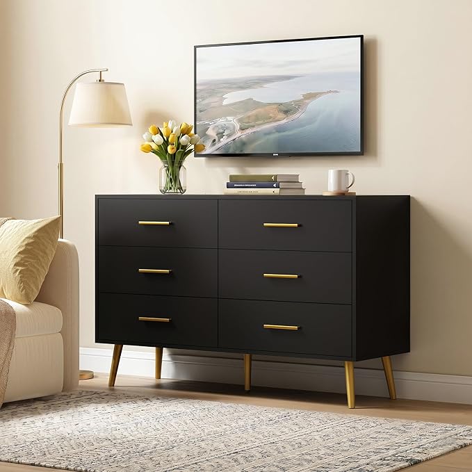 Black 6 Drawer Dresser for Bedroom, 47" Wood Dresser with Gold Handles. | Modern Dressers & Chests of Drawers for Living Room, Hallway, Entryway.