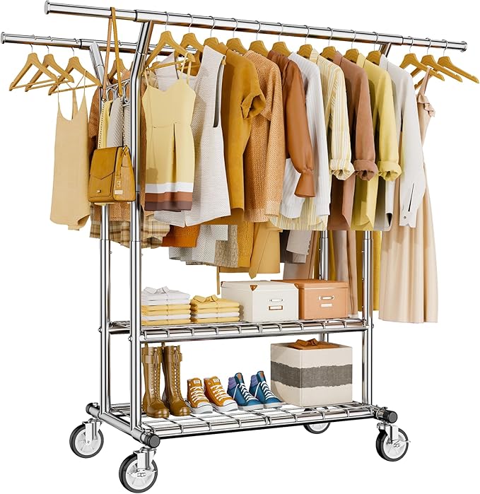HYSEYY Heavy Duty Clothes Rack, Rolling Clothing Rack With Shelves Load 620 LBS, Double Rod Clothing Racks for Hanging Clothes, Portable& Adjustable Clothes Rack with Wheels Garment Rack