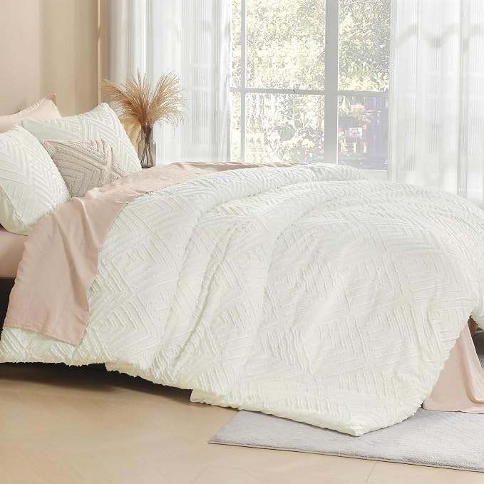 Litanika King Size Comforter Set, 3 Pieces Ivory Tufted Boho Bedding Set | Farmhouse Shabby Chic Vintage Bohemian Textured Aesthetic Soft Fluffy Lightweight Breathable All Season Bed Set for King Bed