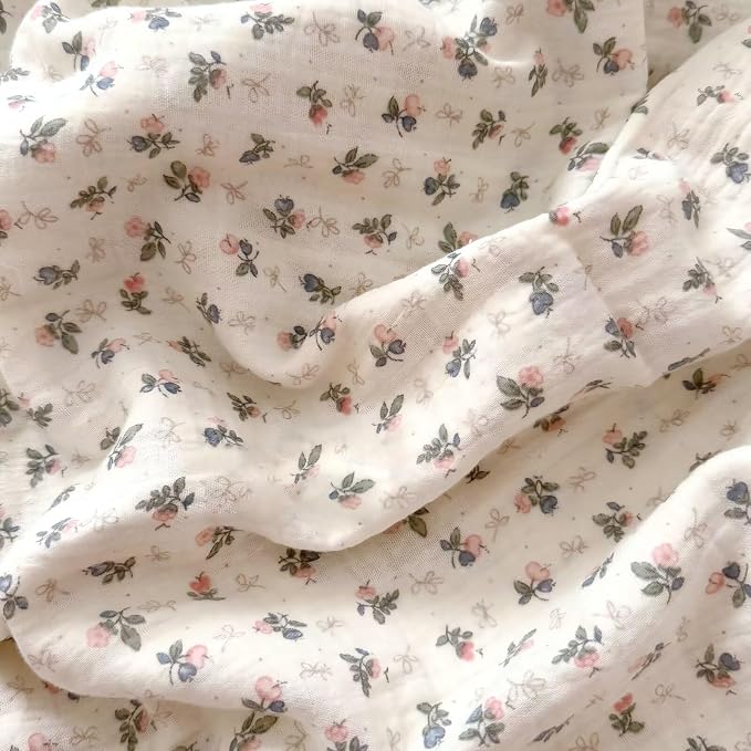 Chic Floral Muslin Duvet Cover Queen, Princess Ruffles Comforter Cover with Bellflower Print, Teens Bedding Queen Girls Quilt Covers 90"x90", Zipper Closure, No Pillow Cases