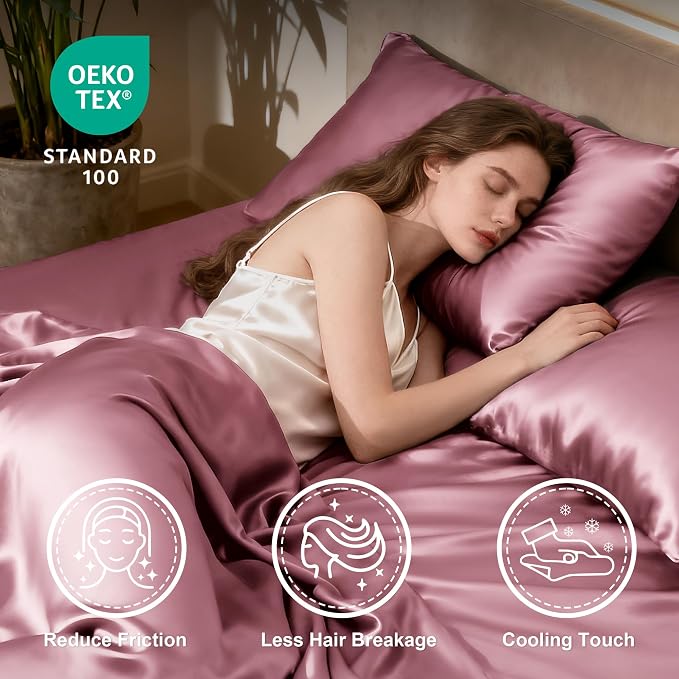 Love's cabin Full Size Satin Sheet Sets - 4 Piece Rose Taupe Silky Sheet Set Full with Deep Pocket, Luxury Silk Feel Bed Sheets Full Bedding Set (1 Flat Sheet,1 Fitted Sheet,2 Pillow Cases)