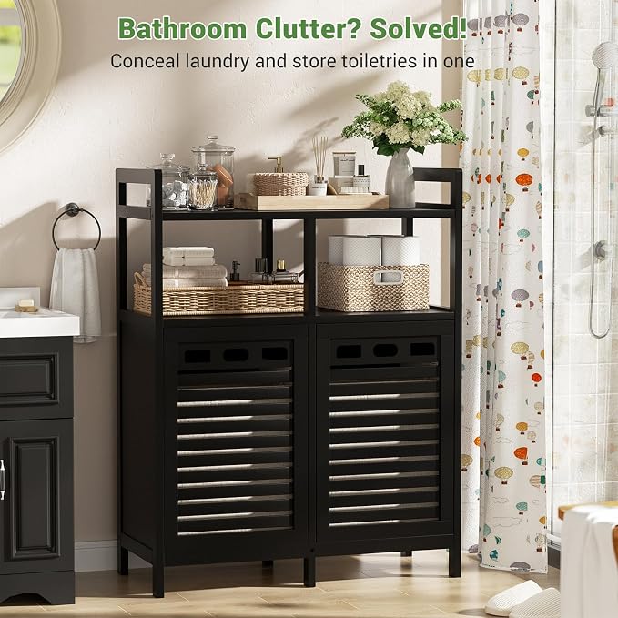 Homykic Tilt Out Laundry Hamper Cabinet, Bamboo Laundry Organizer, Black | 20 Gal Laundry Sorter with 2 Removable Liner Bags, Hidden Clothes Hamper with Shelf for Laundry Room, Bathroom, Closet