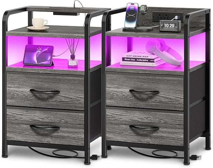 Huuger Nightstands Set of 2, Night Stand with LED Lights, Charging Station | USB-C Ports, 2 Drawers Bedside Table, Open Shelf, 2-Way Power Panel Install, End Table for Bedroom, Grey