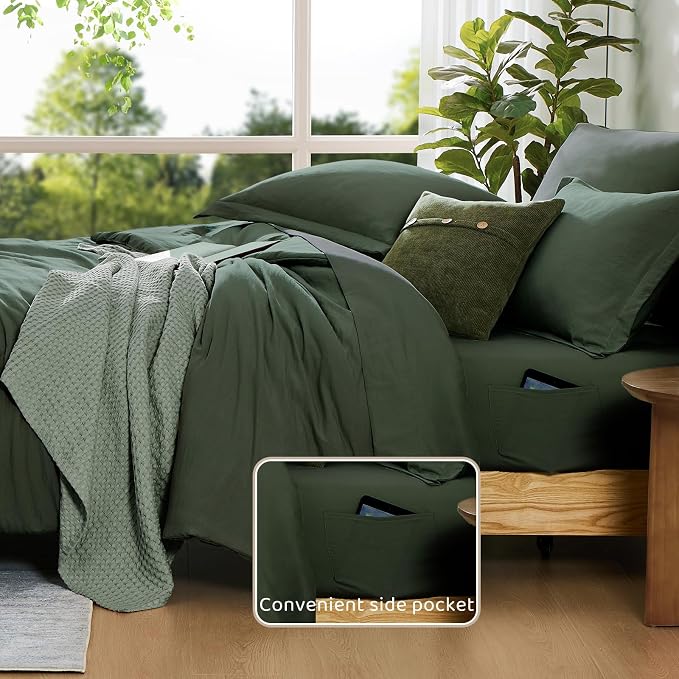 Queen Comforter Set-7 Pieces Soft Prewashed Bed in a Bag Queen Bedding Sets | All Season Comforter with Sheets, Pillow Shams & Pillowcases, Deep Forest
