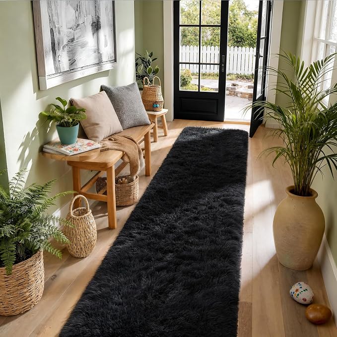 Ophanie Runner Rug for Hallway,2.5x12 Washable Non-Slip Fluffy Soft Bedside Rugs,Bedroom Living Room Shaggy Carpet for Kids Girls Boys Dorm Nursery Decor Aesthetic,Black with Over 99 pcs Pile fibers