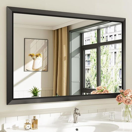 Black Metal Framed Bathroom Wall Mirror, 48x32 Inch | Anti-rust, HD tempered glass, for bathroom vanity, bedroom, living room, horizontal or vertical mount