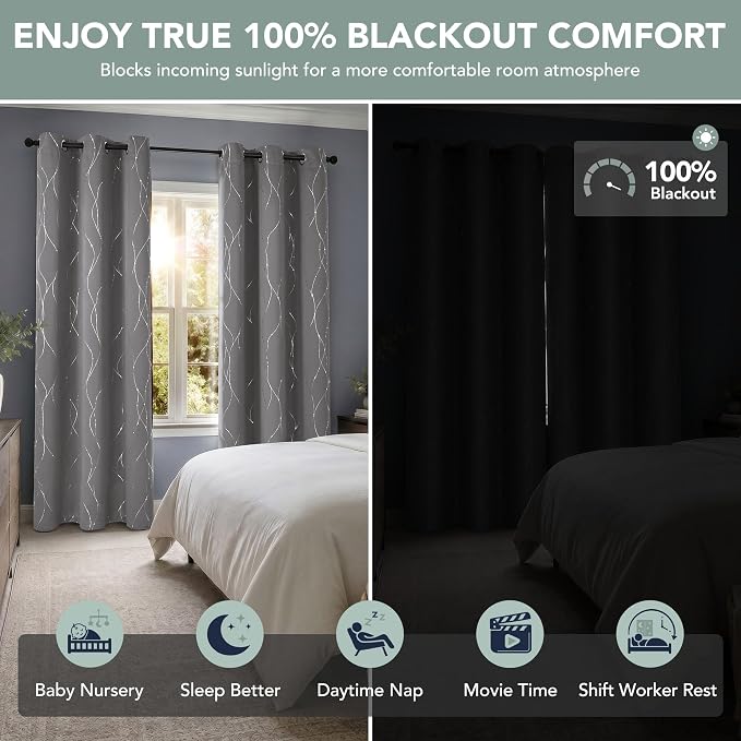 Deconovo 100% Blackout Living Room Curtains 63 Inches Long, Black Backing | Silver Line Foil Pattern Drapes, Thermal Insulated, Room Darkening, Grommet, 2 Panels Set, Light Grey, 42 x 63 Inch