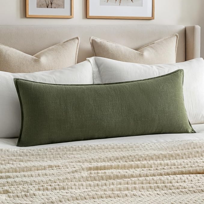 MIULEE Decorative Linen Lumbar Pillow Cover 14x36 Inch Dark Olive Green | Boho Farmhouse Neutral Couch Long Throw Pillow for Bed, Pack of 1 Accent Modern Pillowcase, Sofa Livingroom Home Decor
