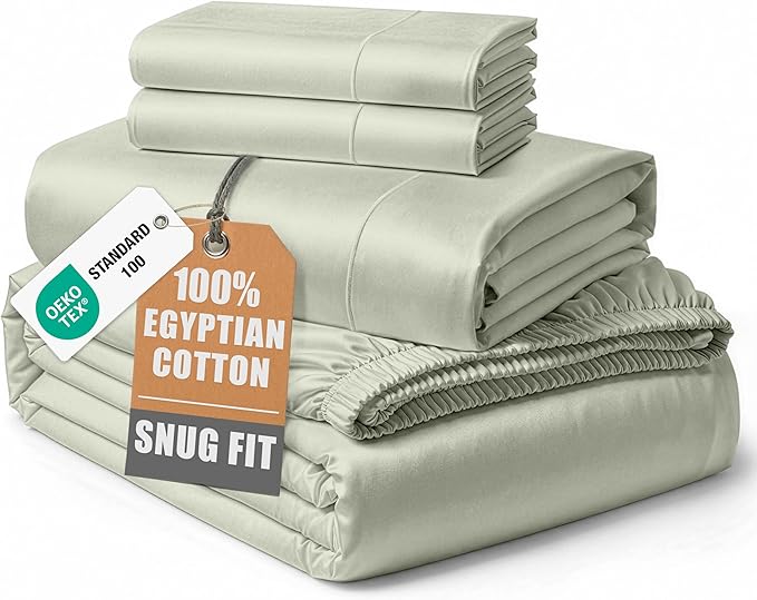 LANE LINEN King Sheets Deep Pocket 100% Egyptian Cotton Sateen - Mineral | King Size Bed Sheets - 4-Piece Set, Long-Staple Egyptian Cotton, For A Cool, Restful Sleep, Elevates A Master Suite