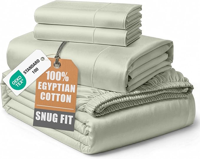 LANE LINEN Cotton Sheets Full 100% Egyptian Cotton Sateen - Mineral | Cooling Sheets Full Size - 4-Piece Set, For Guests And Everyday Use, For A Silky Hotel-Style Bed, Luxe Sheen, Plush