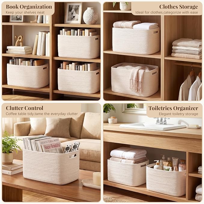 OIASKET 4Packs Natural Cotton Rope Storage Baskets for Organizing Toys, Clothes, Towels & Books, Soft Versatile Organizers for Shelves, Home Decorative Bins, 13''Lx9''Wx7.8''H, White