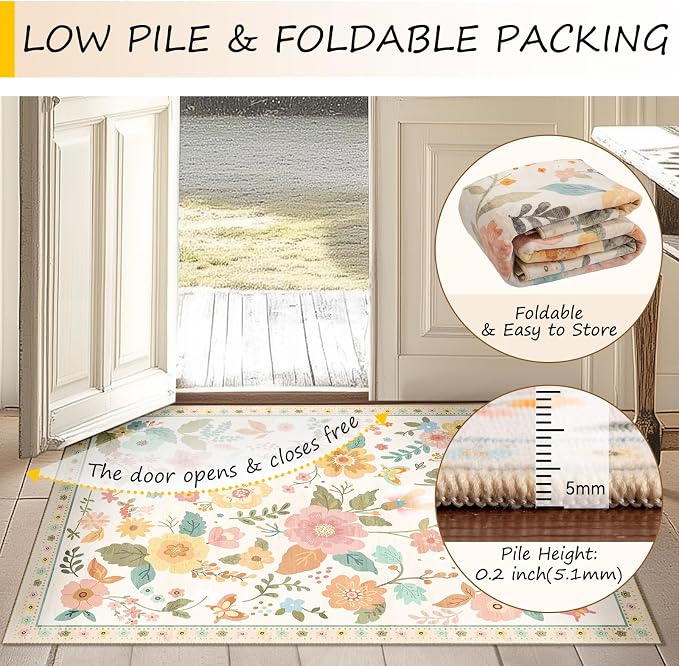 RELEANY Floral Washable 5x7 Area Rugs Beige/White/Orange | Flower Carpet, Print, Boho, Non-Slip, Easy to Clean, Soft, Low Pile for Living Room Bedroom Kitchen Office Entryway Hallway