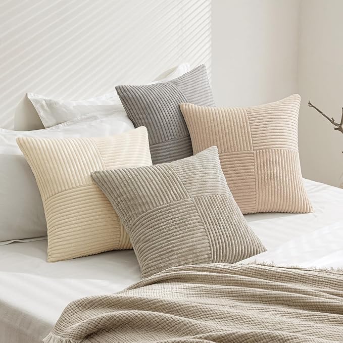MIULEE Neutral Decorative Throw Pillow Covers 20x20 Inch Set of 4 for Livingroom Couch Sofa Modern Farmhouse Soft Corduroy Cushion Cases Striped Patchwork Home Decor (Cream,Grey)