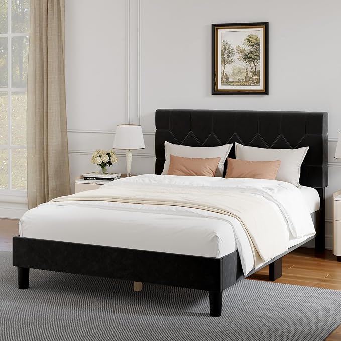 Novilla Queen Bed Frame with Headboard, Bed Frame Queen Size with Wood Slats Support, Velvet Upholstered Pull-Point Headboard, No Box Spring Needed, Heavy Duty Feet, Easy Assembly, Black Velvet