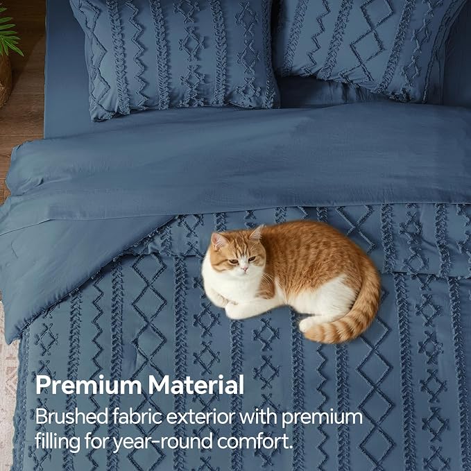 BEDELITE King Comforter Set 7 Pieces,Boho Bed in a Bag,Navy Blue | Tufted Bed Set for All Seasons,Soft Farmhouse-Style Embroidery Bedding,Includes Flat & Fitted Sheets,2 Pillowcases & 2 Shams