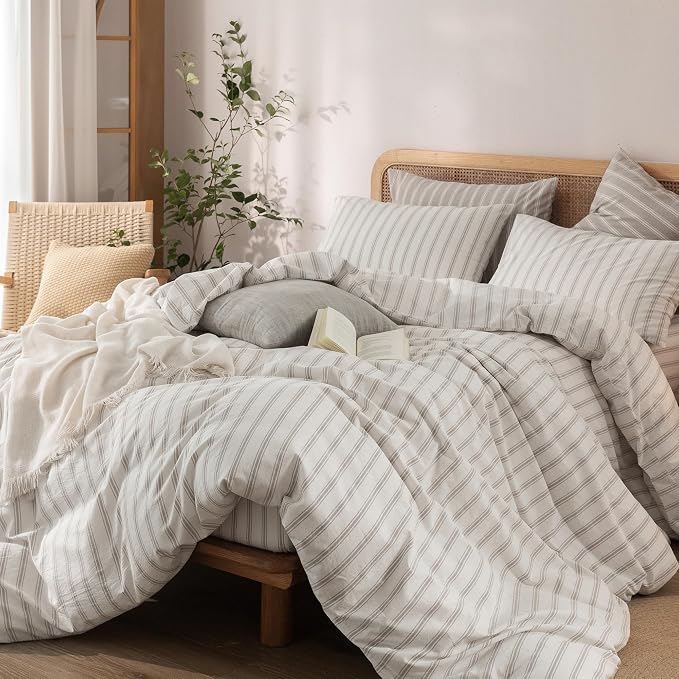 BESTOUCH Striped Cotton Duvet Cover Set Linen Feel Alaska King | 100% Washed Cotton, Soft Wrinkle Texture, Hidden Zipper, 8 Ties, Breathable Lightweight Durable Comfy, 3 Pcs No Insert