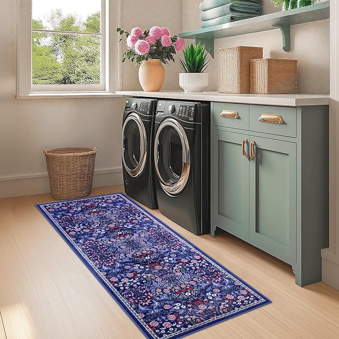 PLHXFR 2x5 Washable Runner Rug：Floral Indoor Kitchen Soft Carpet Blue | For Hallway Bedroom Kitchen Laundry Bathroom Dorm,Vintage Floral,Machine washable,Non Slip,Stain Resistant,Indoor Floor