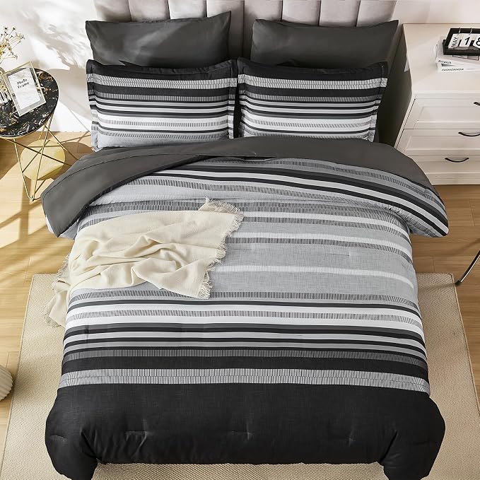 Dobuyly Grey Comforter Set King Size 7 Piece, Boho Striped Bed in a Bag King Soft Microfiber Dark Gray Bedding Sets with Comforter, Sheets, Pillowcases & Shams All Season