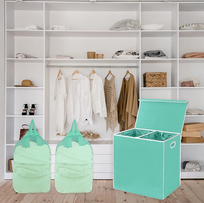 Simple Houseware Double Laundry Hamper with Lid & Removable Bags, Turquoise | with Handles for Bedroom, Laundry Room, Bathroom