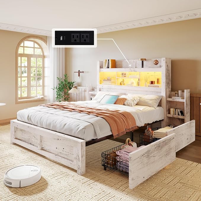LUXOAK Full Bed Frame with Storage, Bookcase Headboard, Distressed White | 49.6" Headboard, Wood Platform Bed, Charging Station, Bedside Storage, 4 Storage Drawers, No Box Spring Needed, Farmhouse