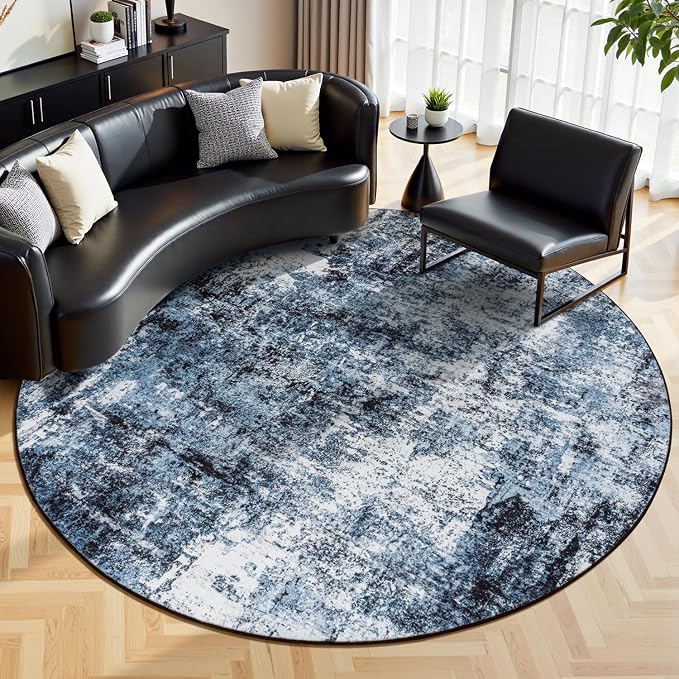 Rugflix Round Area Rugs 8Ft for Living Room, Washable Navy Blue Circle Rug | Machine Washable; Stain-Resistant; Low Pile; Non-Slip; Modern Abstract; Black Carpet for Bedroom Dining Office Nursery Home