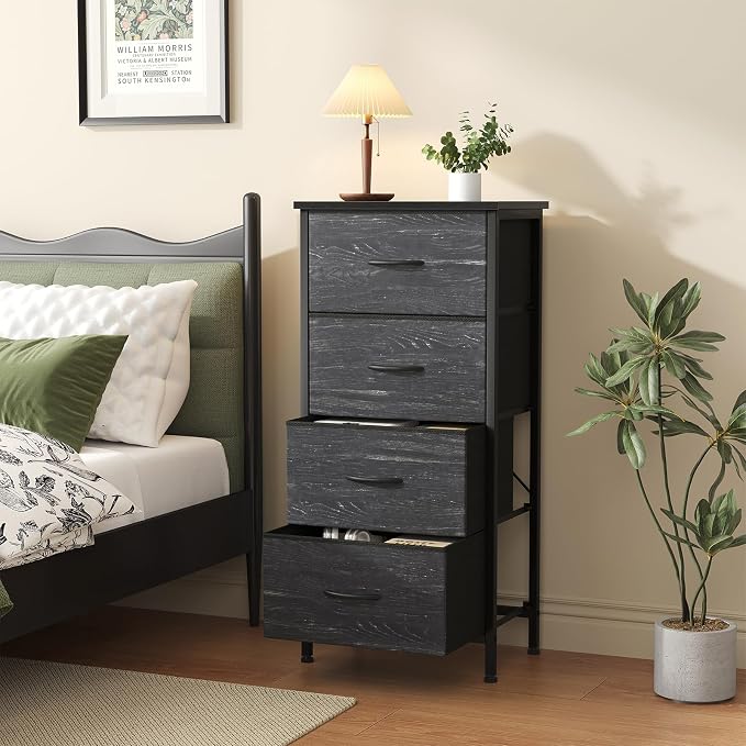 Sweetcrispy Dresser for Bedroom, 4 Drawer Storage Cabinet, Tall Nightstand | Small Fabric Dresser for Closet, Chest of Drawers, Closet Organizer, Home Furniture, Sturdy Frame, Black Wood Grain