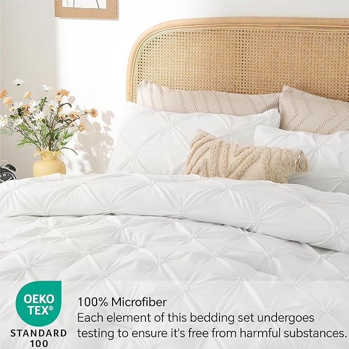 BEDELITE King Comforter Set White,Lightweight & Soft Comforter | Pintuck Boho Bedding, Warm & Cute Bed Set for All Season,With 2 Pillowcases