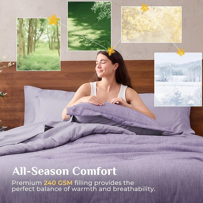 JOLLYVOGUE Purple Queen Comforter Set, Cationic Dyeing Bed in a Bag Queen 7 Pieces, Double-Tone Bedding Set with Down Alternative Comforter, Sheets, Pillowcases & Shams