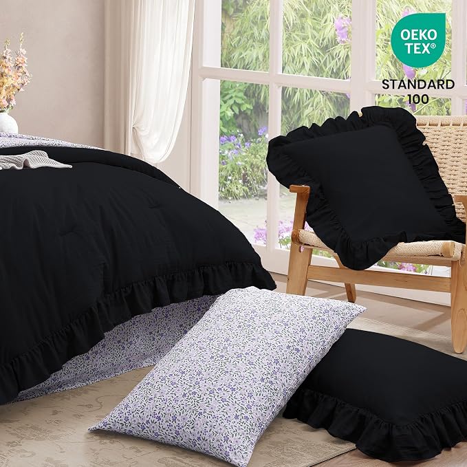 Full Size Comforter Sets-7 Pieces Ruffle Bedding Floral Sheet | Black Bed in a Bag, Soft Lightweight All Season Farmhouse Full Size Bedding Sets with Floral Sheets, Pillowcases & Shams
