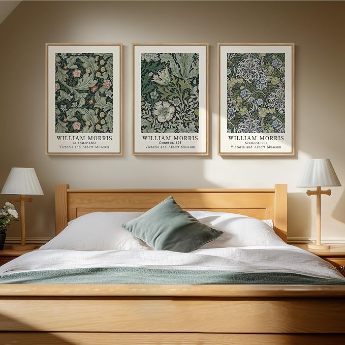Framed William Morris Green Floral Canvas Wall Art Set of 3, 16x24 In | Fine art, Vintage, Nature, Aesthetic, Easy to hang, Waterproof, Living room/Bedroom/Office/Hallway/Wall decor